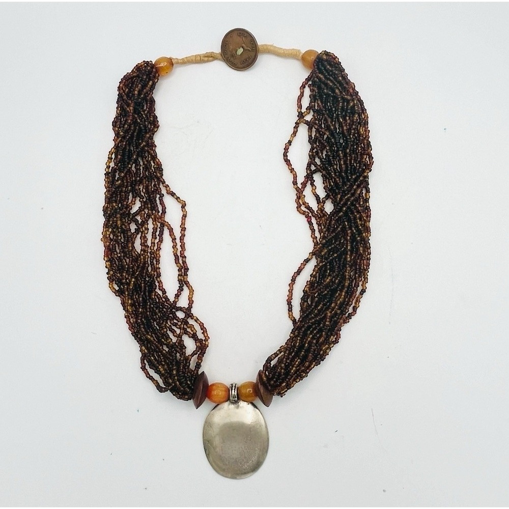 Vintage Multi Strand Seed Bead Statement Necklace Silver Spoon Brown Beaded